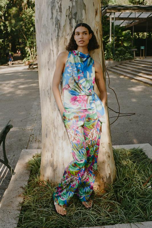 SATIN TROPICAL PRINT TROUSERS